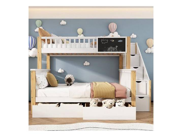 REDOM Etagenbett Kinderbett, mit Tafel Treppe Schubladen 90x200cm+140x200cm, weiß+Bruan von OTTO