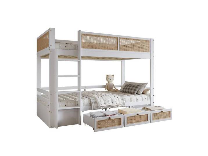 REDOM Etagenbett mit sicherem Rattanzaun & 3 Stauraum-Schubladen (Kinder-Einzelbett, Holzbett, 90x200 cm), ohne Matratze, weiß, ohne Matratze von OTTO