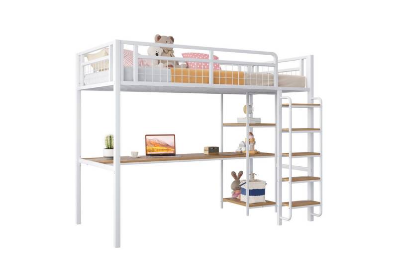 REDOM Hochbett Einzelbett,Kinderbett,mit Tisch und Regalen (Metall-Hochbett,mit einzigartiger Sicherheitsleiter, unter dem Bett Tisch und Regale, robustes Metallgestell mit Sicherheitsgitter, ideal für Kinderzimmer und Jugendzimmer., 90x200 cm) ohne Matratze von REDOM