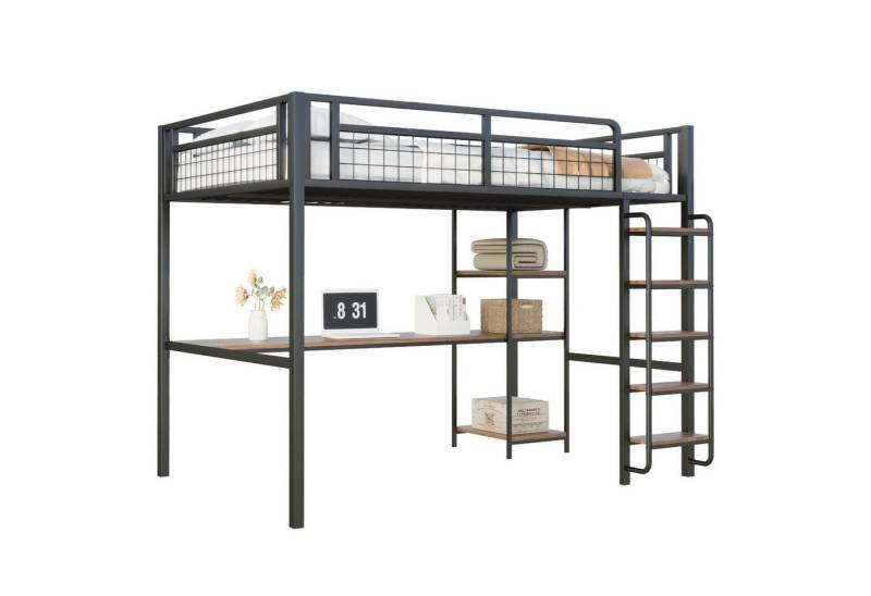 REDOM Hochbett Einzelbett,Kinderbett,mit Tisch und Regalen (Metall-Hochbett,mit einzigartiger Sicherheitsleiter, unter dem Bett Tisch und Regale, robustes Metallgestell mit Sicherheitsgitter, ideal für Kinderzimmer und Jugendzimmer., 140x200 cm) ohne Matratze von REDOM