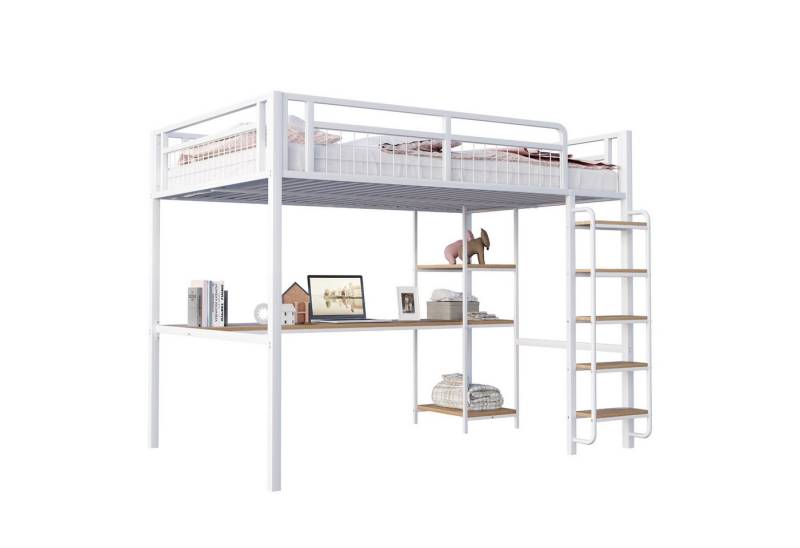 REDOM Hochbett Einzelbett,Kinderbett,mit Tisch und Regalen (Metall-Hochbett,mit einzigartiger Sicherheitsleiter, unter dem Bett Tisch und Regale, robustes Metallgestell mit Sicherheitsgitter, ideal für Kinderzimmer und Jugendzimmer., 140x200 cm) ohne Matratze von REDOM