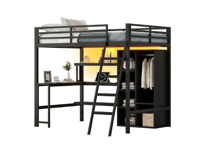 REDOM Hochbett Funktionsbett mit Treppe (140x200 Metall-Hochbett mit Schreibtisch, LED-Beleuchtung, USB-Ladestation und Stauraum, 1-St) von OTTO