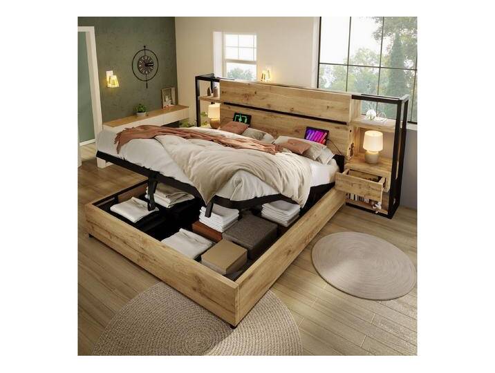 REDOM Holzbett Doppelbett im Industrie-Look (Doppelbett, 1-tlg., 180×200cm, mit Matratze (H20cm), mit USB&Type-C Ladeanschluss, schwarz von OTTO