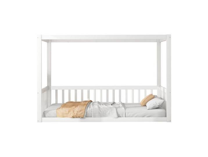 REDOM Kinderbett Himmelbett 90x200 aus Massivholz (Holzbett für Kinder & Jugendliche), mit Matratze, weiß, Inklusive Matratze, Weiß von OTTO