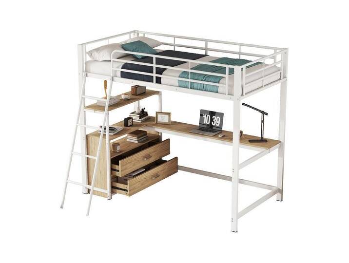 REDOM Kinderbett Hochbett Einzelbett Eisenbett Eisenrahmenbett, praktische Schubladen (stilvoller L-förmiger Schreibtisch, Laminatdesign, 90x200 cm), ohne Matratze von OTTO