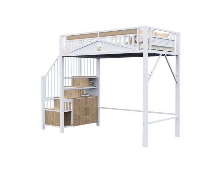 REDOM Kinderbett Loft-Metallbett (Hochbett mit Fenster-Design & Sicherheitsleiter, Viel Stauraum unter dem Bett, 90x200 cm), ohne Matratze, weiß, Stil 1 von OTTO