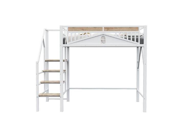REDOM Kinderbett Loft-Metallbett (Hochbett mit Fenster-Sicherheitsgitter & Stauraumleiter, 140x200 cm), Inklusive Matratze, weiß, Stil 3 von OTTO