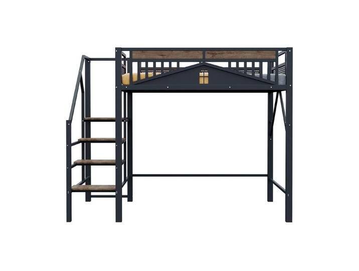 REDOM Kinderbett Loft-Metallbett (Hochbett mit Fenster-Sicherheitsgitter & Stauraumleiter, 140x200 cm), ohne Matratze, schwarz, Stil 3, ohne Matratze von OTTO