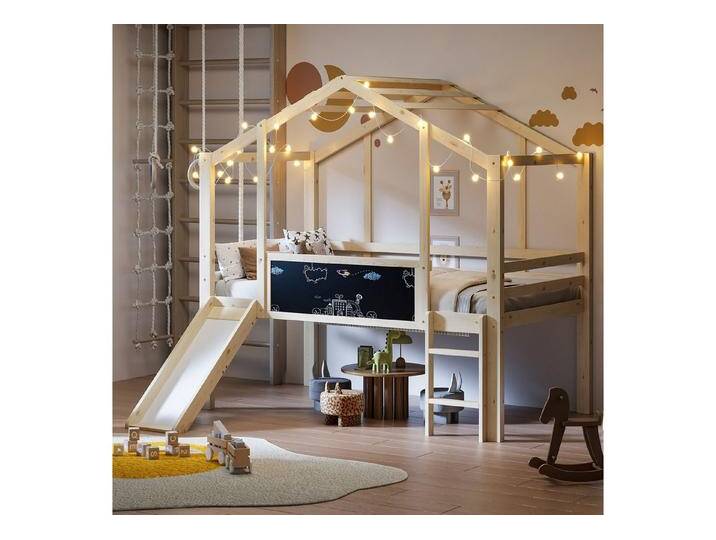 REDOM Kinderbett Massivholz-Hochbett im Spielhaus-Stil, mit Rutsche & Leiter (Holzbett, Kreativ-Tafel, 90×200 cm), ohne Matratze, Holzfarbe von OTTO