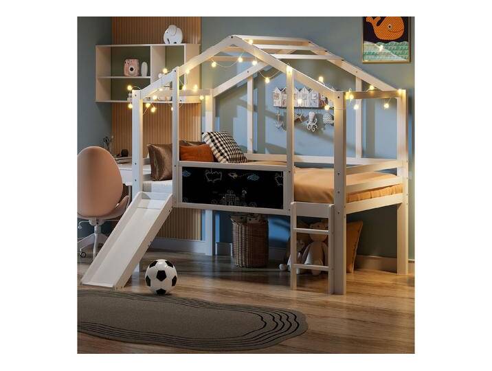 REDOM Kinderbett Massivholz-Hochbett im Spielhaus-Stil, mit Rutsche & Leiter (Holzbett, Kreativ-Tafel, 90×200 cm), ohne Matratze, weiß, Weiß von OTTO