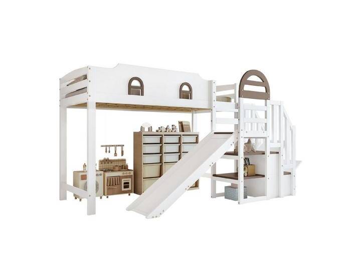 REDOM Kinderbett mit Handlauf, mit Fenster, Rutsche & Treppe, 2 Staufächer (Etagenbett Einzelbett Jugendbett Holzbett, Viel Stauraum, 90x200 cm) von OTTO