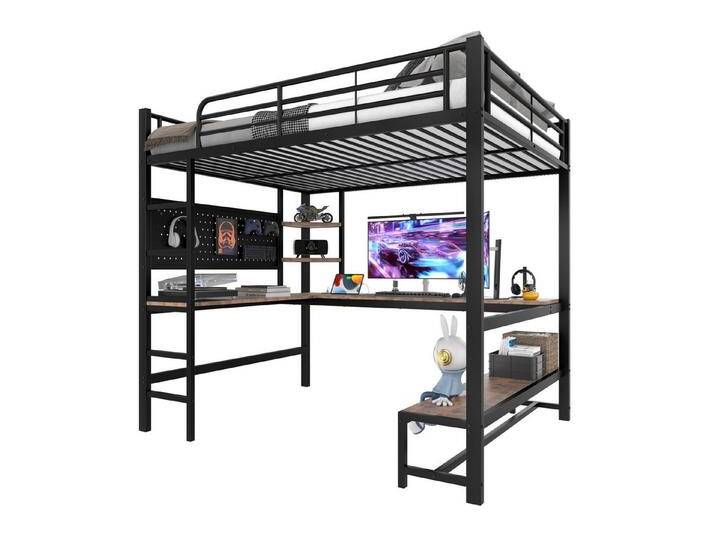 REDOM Kinderbett mit Schreibtisch & Regalen, Eisenrahmen, USB & Type-C Ladeanschluss (Hochbett mit LED Beleuchtung, inkl. Geländer, Trittleiter & Lochbrett, 140x200 cm), Inklusive Matratze, schwarz von OTTO