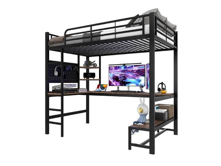 REDOM Kinderbett mit Schreibtisch & Regalen, Eisenrahmen, USB & Type-C Ladeanschluss (Hochbett mit LED Beleuchtung, inkl. Geländer, Trittleiter & Lochbrett, 90x200 cm), Inklusive Matratze, schwarz von OTTO