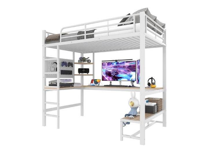 REDOM Kinderbett mit Schreibtisch & Regalen, Eisenrahmen, USB & Type-C Ladeanschluss (Hochbett mit LED Beleuchtung, inkl. Geländer, Trittleiter & Lochbrett, 90x200 cm), Inklusive Matratze, weiß von OTTO