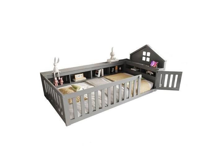 REDOM Kinderbett mit Stauraum, Sicherheitsgitter & Tür (Stauraumbett Holzbett, mit Dach, Fenster, Inklusive Lattenrost 90x200 cm, Perfekt für Jungen & Mädchen), ohne Matratze, grau, Bedhead mit Dachform von OTTO