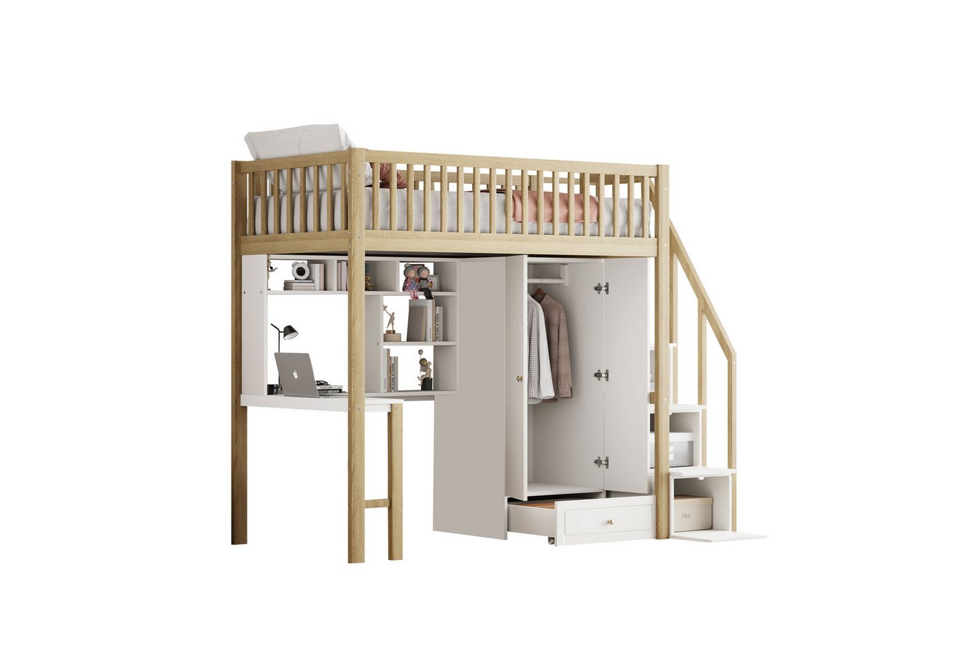 REDOM Kinderbett mit großem Kleiderschrank Regal und Tisch (Hochbett 90x200 cm mit integriertem Kleiderschrank, Regal und Tisch, Stauraumtreppe, multifunktionales Holzbettrahmen., Stauraum Treppe Mehrzweckbetteinheit Holzbettgestell 90 x 200 cm), ohne Matratze REDOM Kinderbett mit großem Kleiderschrank Regal und Tisch (Hochbett 90x200 cm mit integriertem Kleiderschrank, Regal und Tisch, Stauraumtreppe, multifunktionales Holzbettrahmen., Stauraum Treppe Mehrzweckbetteinheit Holzbettgestell 90 x 200 cm), ohne Matratze von REDOM