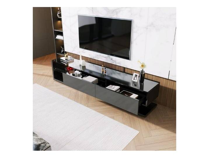 REDOM Lowboard High-Gloss TV-Schrank mit LED-Beleuchtung (Schwarz Hochglanz mit Glas, 170 cm), mit Glastrennwänden & Stauraum, schwarz von OTTO