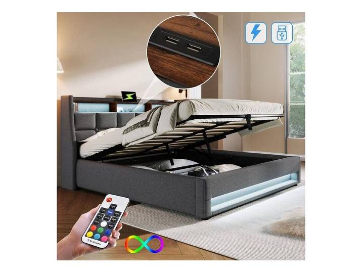 REDOM Polsterbett (LED Doppelbett Jugendbett mit USB Ladeanschluss), 160 x 200 cm Inklusive Matratze, grau, Inklusive Matratze, Grau von OTTO