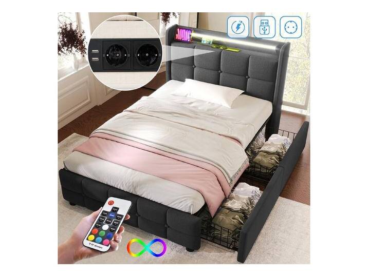 REDOM Polsterbett (mit aufladen USB Ladefunktion LED-Beleuchtung und 2 Schubladen, 90 x 200 cm Inklusive-Matratze), grau, Schubladen: 2 St. von OTTO