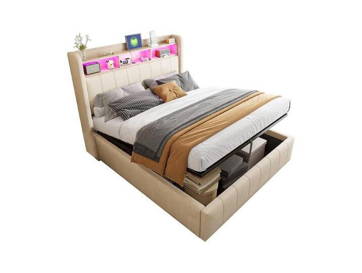 REDOM Polsterbett Doppelbett,Jugendbett,Gästebett,mit LED-Beleuchtung & USB-Anschluss (Polsterbett,mit LED-Beleuchtung, USB-Anschluss und Hydraulik-Stauraum, Kopfteil mit Einlegeböden, Stabiler Metallrahmen., 140 x 200 cm), mit Matratze, beige von OTTO
