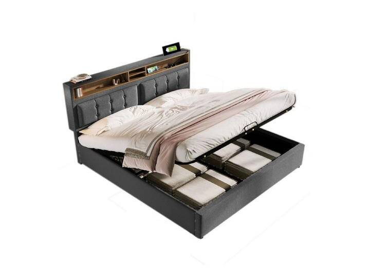 REDOM Polsterbett Doppelbett (Hydraulisches Doppelbett mit USB/Typ-C Ladefunktion), 160 x 200 cm,Inklusive Matratze, grau, Inklusive-Matratze, Grau von OTTO