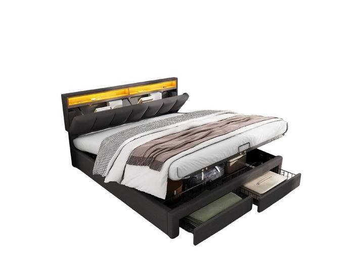 REDOM Polsterbett Doppelbett Bett Stauraumbett Jugendbett gepolsteres Bettgestell (Stahlrahmen mit Hydraulisch anhebbarer Bettstauraum LED-Beleuchtung, 2-tlg., Leinen Bezug mIt Schubladen und Staufächer 140x200 cm mit Matratze), mit verstaubarem und höhenverstellbarem Kopfteil Polsterung aus Schaum, grau REDOM Polsterbett Doppelbett Bett Stauraumbett Jugendbett gepolsteres Bettgestell (Stahlrahmen mit Hydraulisch anhebbarer Bettstauraum LED-Beleuchtung, 2-tlg., Leinen Bezug mIt Schubladen und Staufächer 140x200 cm mit Matratze), mit verstaubarem und höhenverstellbarem Kopfteil Polsterung aus Schaum, grau von OTTO