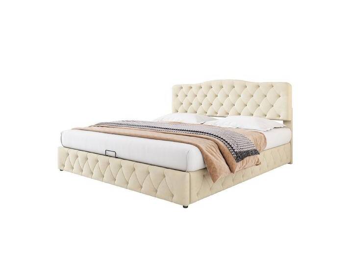 REDOM Polsterbett Doppelbett Bett hydraulisches Funktionsbett (mit Lattenrost und höhenverstellbares Kopfteil, 180x200 cm), Einfache Montage, Samt,beige von OTTO