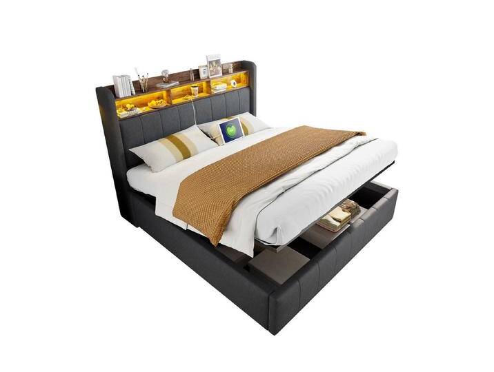 REDOM Polsterbett Doppelbett Jugendbett Gästebett (Polsterbett,mit LED-Beleuchtung, USB-Anschluss und Hydraulik-Stauraum, Kopfteil mit Einlegeböden, Stabiler Metallrahmen., 160 x 200 cm), mit Matratze, grau von OTTO