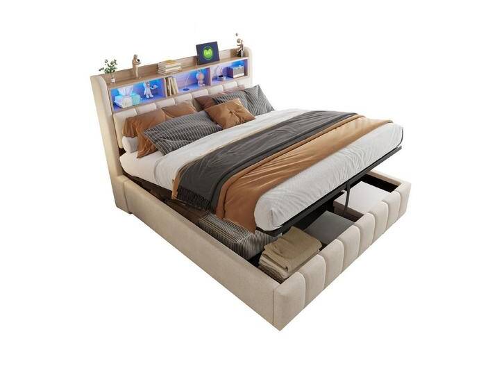 REDOM Polsterbett Doppelbett Jugendbett Gästebett (mit LED-Beleuchtung, USB-Anschluss und Hydraulik-Stauraum, Kopfteil mit Einlegeböden, Stabiler Metallrahmen., 180 x 200 cm), Inklusive Matratze, beige von OTTO