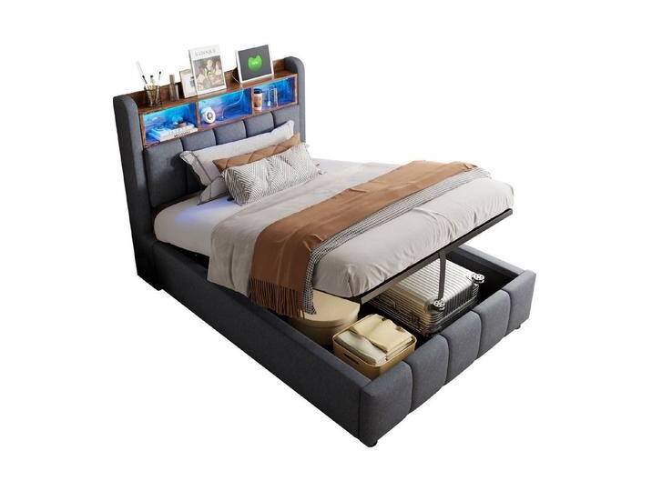 REDOM Polsterbett Doppelbett Jugendbett Gästebett (mit LED-Beleuchtung, USB-Anschluss und Hydraulik-Stauraum, Kopfteil mit Einlegeböden, Stabiler Metallrahmen., 180 x 200 cm), Inklusive Matratze, grau von OTTO