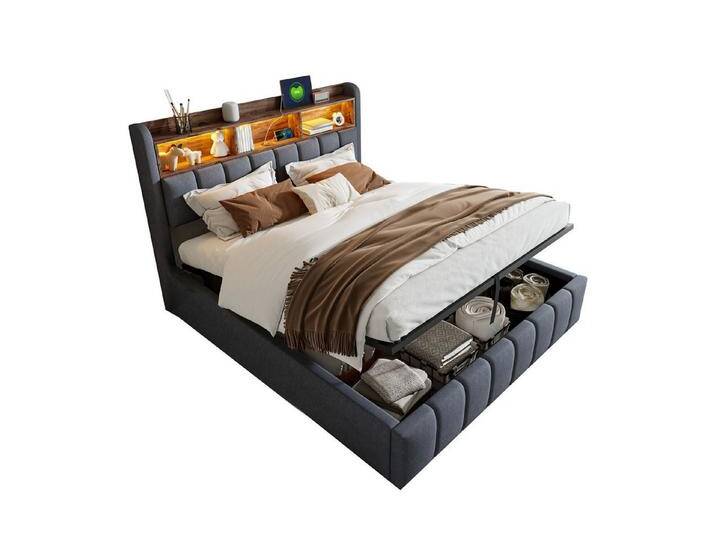 REDOM Polsterbett Doppelbett Jugendbett Gästebett (mit LED-Beleuchtung, USB-Anschluss und Hydraulik-Stauraum, Kopfteil mit Einlegeböden, Stabiler Metallrahmen., 180 x 200 cm), ohne Matratze, grau von OTTO