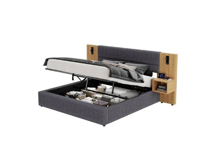 REDOM Polsterbett Holzmaserung und einfache Montage (Struraumbett, Doppelbett,Funktionsbett, 2-tlg., 180 x 200 cm, mit Matratze), 2 Nachttischen, USB-Ladeanschlüssen, Lesebeleuchtung, grau von OTTO
