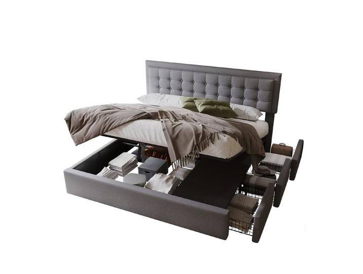 REDOM Polsterbett Hydraulisch mit Lattenrost (Struraumbett, Doppelbett, Funktionsbett, 2-tlg., 180 x 200cm, mit Matratze), mit Bettkasten und 3 Schubladen, grau von OTTO