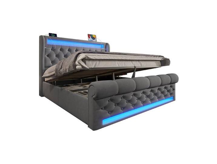 REDOM Polsterbett Hydraulisches Bett mit Samtbezug (Kinderbett, Jugendbett, Stauraumbett, 2-tlg., 140*200cm, ohne Matratze), mit USB-Anschluss, Aufbewahrungsbox unter dem Bett, grau von OTTO