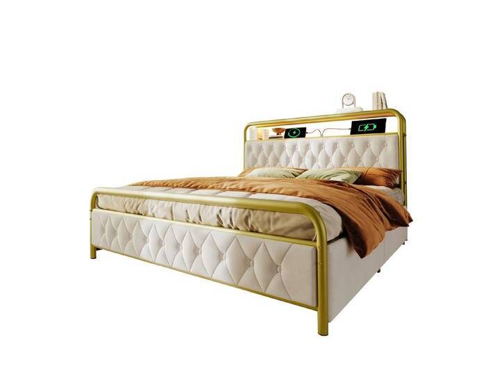 REDOM Polsterbett Metallbett Stauraumbett (Doppelbett, 140×200CM, mit Bettrahmen und 4 Schubladen, ohne Matratze), mit aufladen USB Type C Ladefunktion APP-Control LED, weiß von OTTO