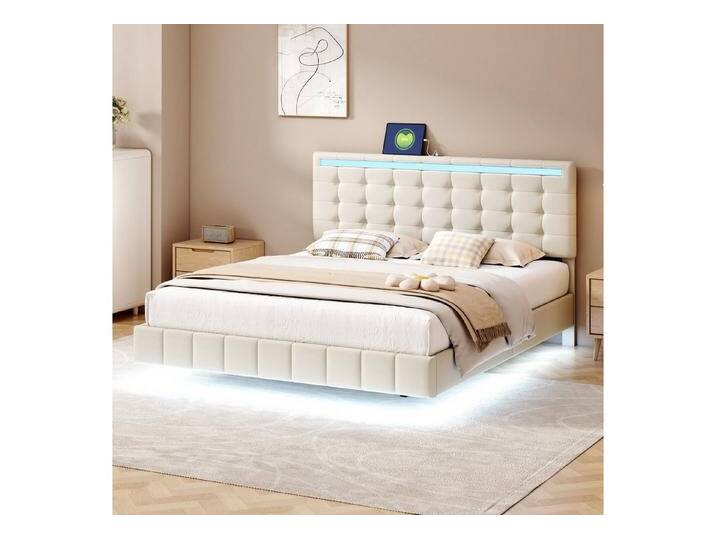 REDOM Polsterbett Polsterbett, Doppelbett, Gästebett (hautfreundlichem Leinen Beige 160 x 200 cm, gepolsterter Schwebebettrahmen mit LED-Leuchten und Kopfteildesign), Ohne Matratze von OTTO