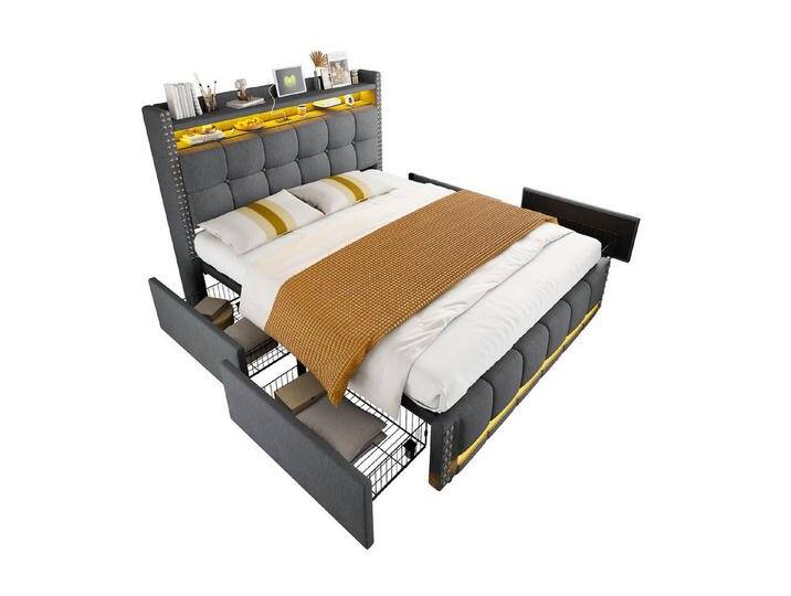 REDOM Polsterbett Stauraumbett Doppelbett (Funktionsbett mit LED-Beleuchtung, USB-Steckdose, Stauraum und 4 Schubladen, 160 x 200 cm), ohne Matratze, grau von OTTO