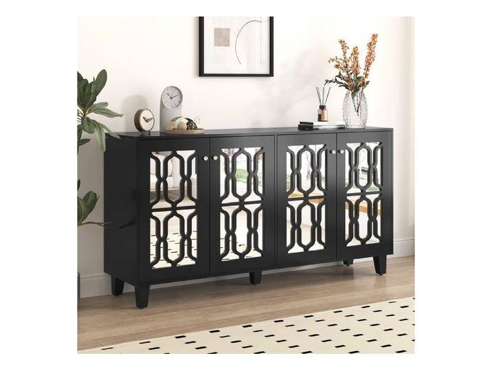 REDOM Sideboard Schwarzer TV-Schrank mit Spiegeloberfläche und Kristallglasgriff (Luxuriöses Design, aus Massivholz), mit 4 Türen & 2 verstellbaren von OTTO