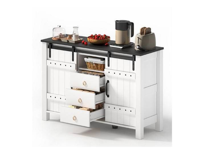 REDOM Sideboard Vintage Küchenbuffet,Kommode (mit Schiebetüren & 3 Schubladen – 120 cm, Weiß, Stabil mit Kippschutz, Robustes MDF, Viel Stauraum), mit Schiebetüren und 3 Schubladen, weiß von OTTO