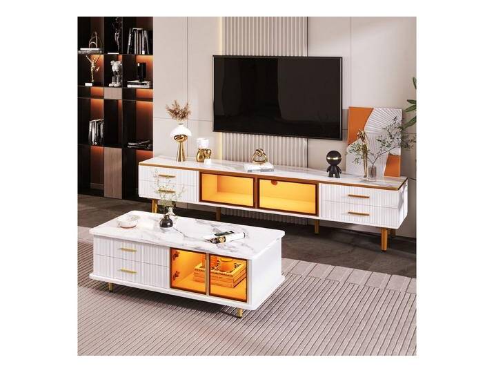 REDOM Wohnwand TV-Schrank und Couchtisch Set im luxuriösen Design, (Schubladen mit Wellenstruktur, goldene Griffe und Beine, 2-St., Aluminiumrahmen) von OTTO