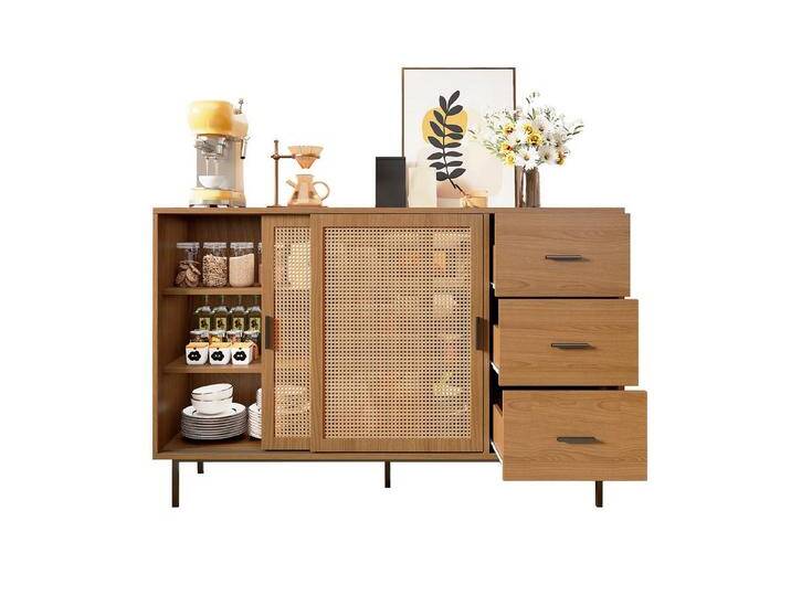 Refined Living Sideboard Kommode mit Rattan, Aufbewahrungsschrank Holz, Landhausstil (Maße: B140/H91/T37 cm, mit 2 Schiebetüren und 3 Schubladen mit verstellbaren Einlegeböden, Sideboard im Landhausstil, Anrichte Esszimmer, Schrank mit Rattan, Buffet Landhaus, Esszimmerschrank, 1 St., Stabile Konstruktion, Großer Stauraum, Einfache Montage), für Flur,Wohnzimmer,Eingangsbereich,Wohnung,Schlaf-/Esszimmer von OTTO