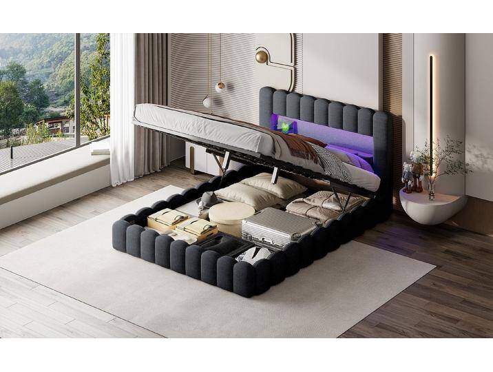 Romance Polsterbett Doppelbett Jugendbett (Hydraulisch anhebbarer Bettstauraum), Mit LED-Beleuchtung, Matratze, Anschlüsse,Leinen,140x200 cm, grau von OTTO