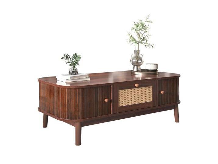 Rutaqian Couchtisch Couchtisch, Schubladen mit Rattan und Schiebetüren 110 x 55 x 38.5 cm (mit Massivholzlatten, Massivholzbeine), Natürlicher Landhausstil, Rattan Kaffeetischfür Wohnzimmer von OTTO
