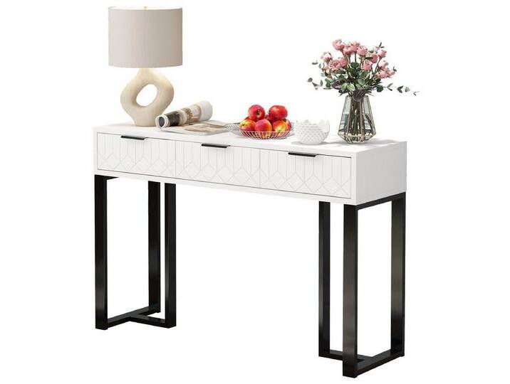 Rutaqian Konsolentisch Moderner Beistelltisch mit 3 Schubladen, 120x36x80 cm (Goldfarbenem Gestell, Verstellbaren Fußpolstern und Eleganten Griffen) von OTTO