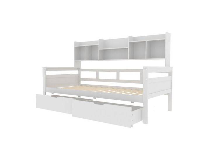 Rutaqian Schlafsofa Einzelbett Massivholzbett Kinderbett Jugendbett 5 Ablagefächer, 1 Teile, mit Schubladen und Regale, Lattenrost, 90x200cm, Modern Design, weiß von OTTO