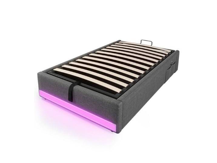 SOFTWEARY Futonbett mit LED-Beleuchtung und Aufbewahrung (90x200 cm), Einzelbett ohne Kopfteil, Leinen, grau von OTTO