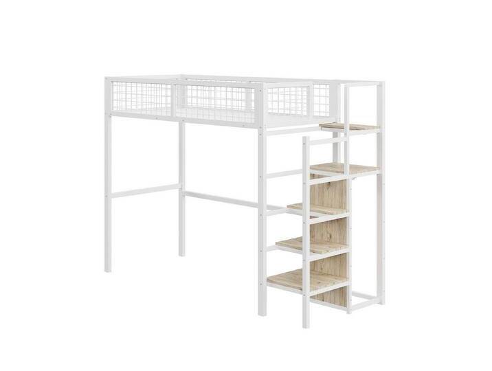 SOFTWEARY Hochbett (mit Kleiderschrank, 90x200 cm) Metallbett mit Rausfallschutz und Lattenrost, weiß, ohne Schreibtisch, weiß von OTTO
