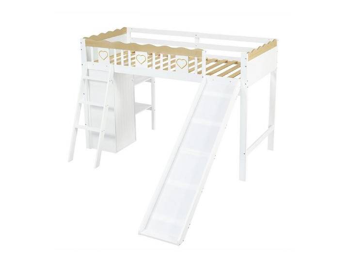 SOFTWEARY Hochbett mit Rutsche und Kleiderschrank (90x200 cm, mit Regal, Leiter und Lattenrost) Kinderbett mit Rausfallschutz, Kiefer von OTTO