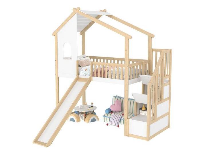 SOFTWEARY Hochbett mit Rutsche und Stauraum (90x200 cm) Kinderbett mit Rausfallschutz und Treppe, Spielbett, Kiefer von OTTO