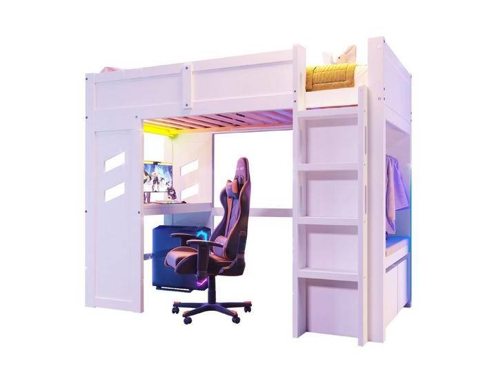 SOFTWEARY Hochbett mit Schreibtisch, Stauraum und LED-Beleuchtung (90x200 cm) Kinderbett mit Rausfallschutz und Leiter, Kiefer, weiß von OTTO